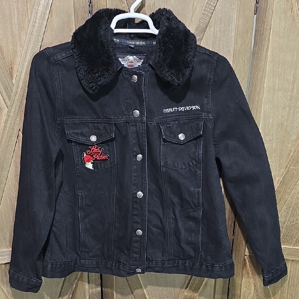 Harley Davidson Black Denim Lady Rider Jacket Removable Sherpa Collar Wms Sz 1W